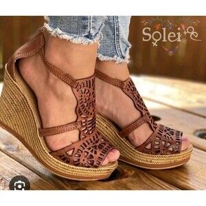Dalila Heels Solei Women 10 Espadrille Wedge Brown Mexican Leather Cutout Design